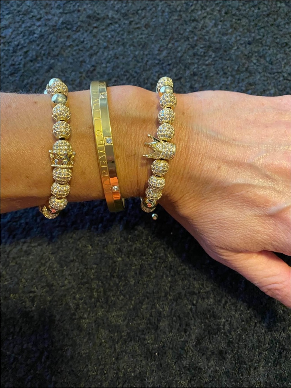 Gold-Tone Pave Bead Stretch Bracelet with Crown Accent - Gold